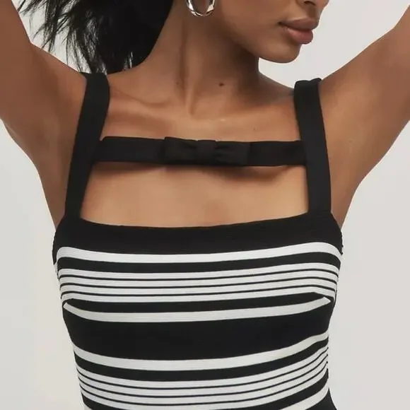 Anthropologie Hutch NWT Sleeveless Square Neck Black White Stripe Mini Dress - Picture 3 of 14